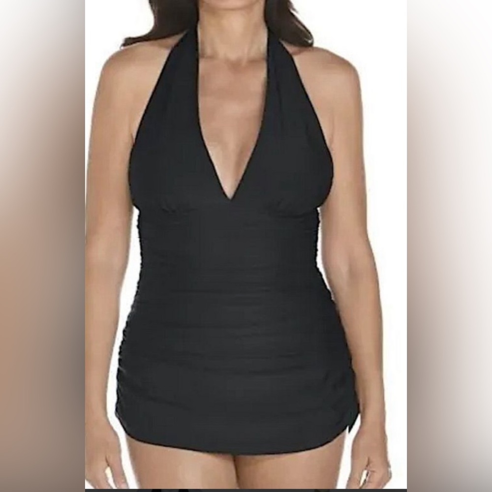 Coolibar size 12  One Piece Swimsuit Dress Halter Black Solid UPF 50+
